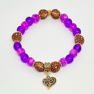 Purple and Brown Handmade Beaded Bracelet with Gold Heart Charm